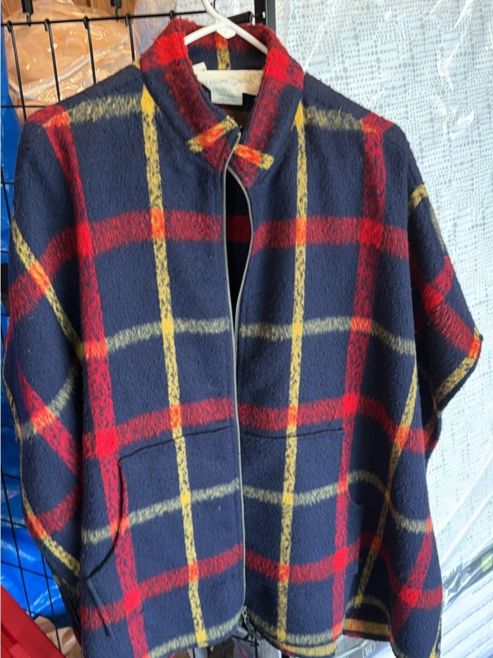 Plaid Navy, Red & Yellow Wool Blend Zip-Front poncho